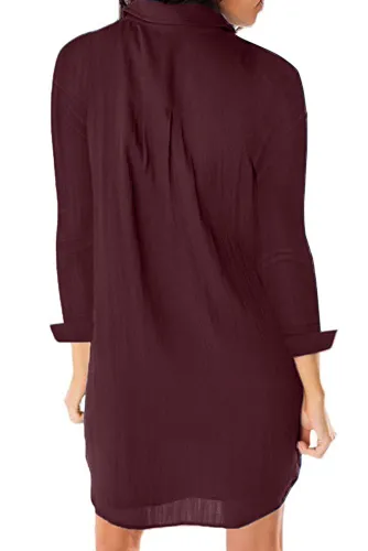 Burgundy Long Sleeve Buttoned Crepe Shirt Dress