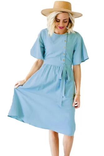 Light Blue Asymmetrical Button Up Front Midi Dress