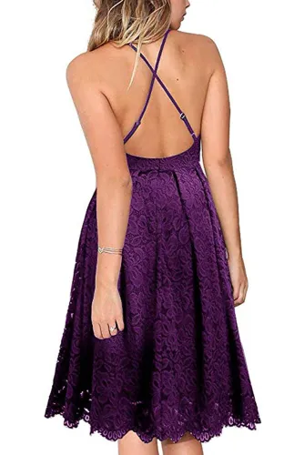 Purple Lace Floral V Neck Backless Cocktail A-Line Dress