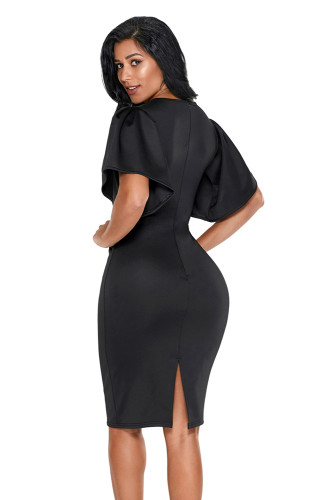 Black Flutter Sleeve Back Slit Sheath Dress