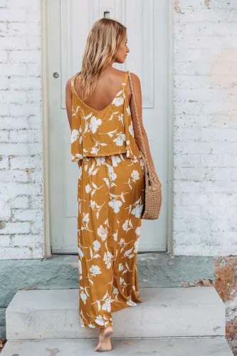 Chic Summer Boho Floral Maxi Dress in Mustard