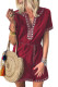 Red Summer Boho Embroidered V Neck Short Sleeve Casual Mini Dress