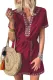 Red Summer Boho Embroidered V Neck Short Sleeve Casual Mini Dress