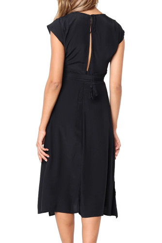 Chic V Neckline Buttons Design Black Midi Dress