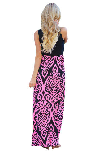 Rosy Damask Print Sleeveless Long Boho Dress