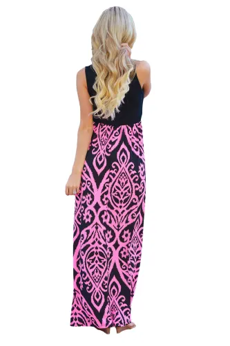 Rosy Damask Print Sleeveless Long Boho Dress