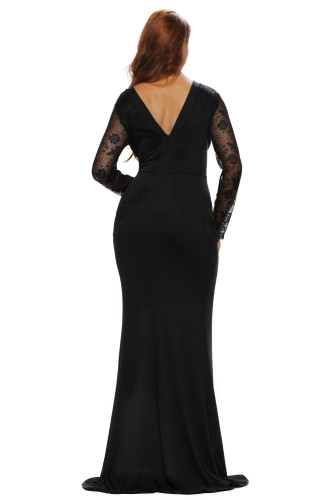 Black Sheer Lace Long Sleeve Front Slit Long Prom Dress