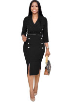 Black Three-Quarter Sleeve Knee Length Notched Lapel Pencil Dress