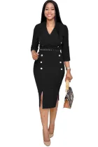 Black Three-Quarter Sleeve Knee Length Notched Lapel Pencil Dress