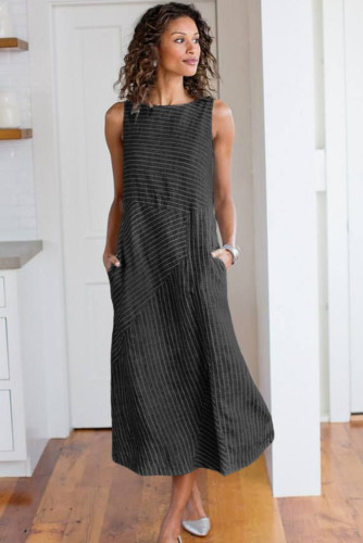 Black Crew Neck Striped Shift Daily Dress