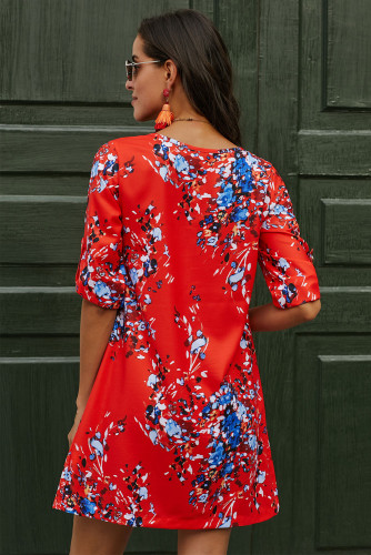 Orange V Neck 3/4 Roll Sleeve Buttoned Floral Dress