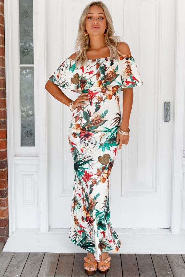 Vibrant Botanic Print Off-the-shoulder Maxi Dress