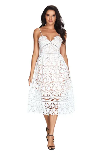 White Lace Hollow Out Nude Illusion Party Dress
