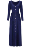 Navy Blue Button Front Pocket Style Casual Long Dress