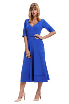 Blue Half Sleeve V Neck High Waist Flared Dress