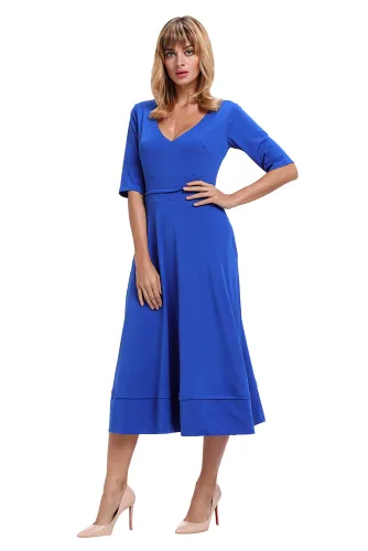 Blue Half Sleeve V Neck High Waist Flared Dress