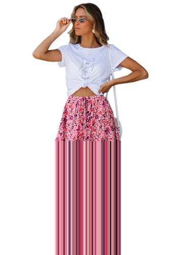 Purple Elastic Waist Floral Maxi Skirt