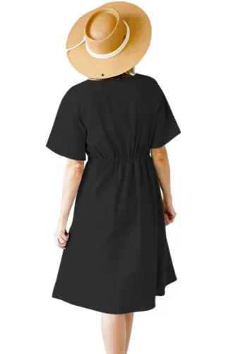 Black Asymmetrical Button Up Front Midi Dress