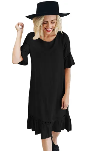 Black Half Sleeves Wide Ruffle Hem Midi Dress