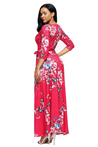 Scarlet Floral Print Wrapped Long Boho Dress