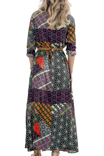 Black Red Boho Print Belted Maxi Shirt Dress