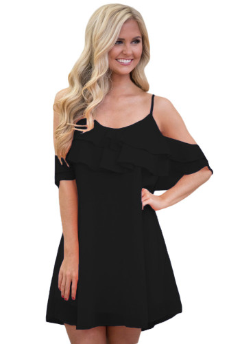 Black Ruffle Double Layered Short Dress