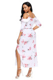 White Cold Shoulder Floral Slit Maxi Dress