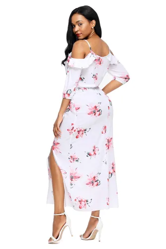 White Cold Shoulder Floral Slit Maxi Dress