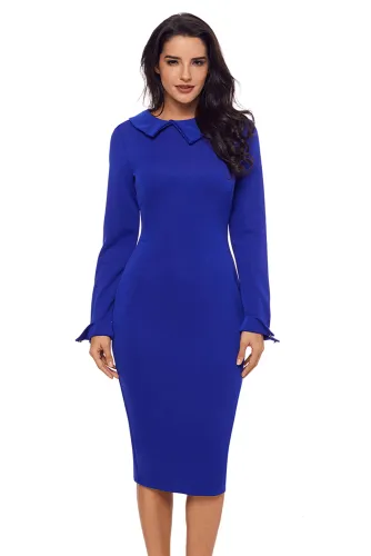 Blue Lapel Neck Bodycon Formal Office Dress Pencil Dress