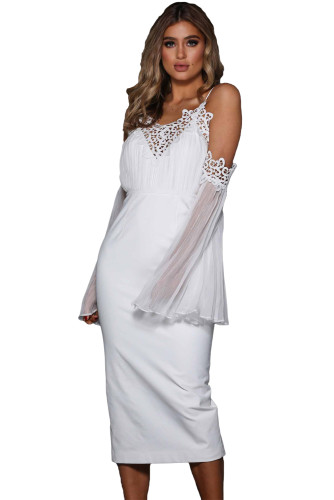 White Chiffon Bell Sleeve Boho Lacy Midi Dress