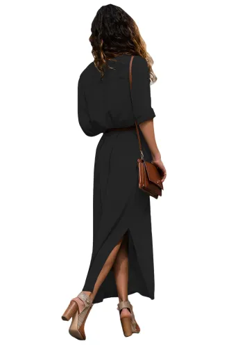 Black Slit Maxi Shirt Dress with Sash