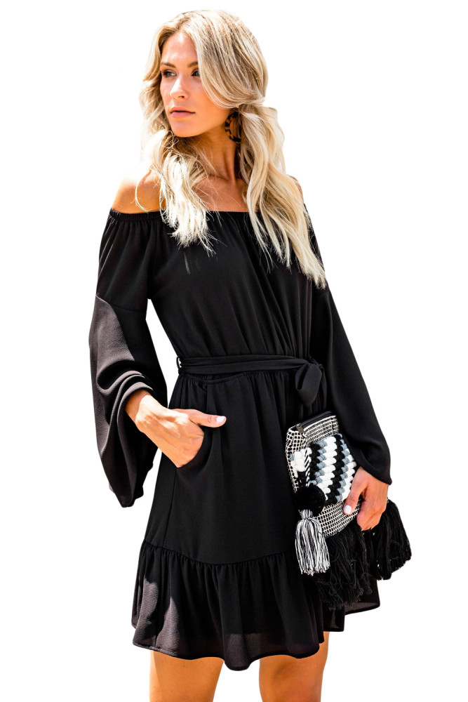Black Pocketed Off Shoulder Flare Dress