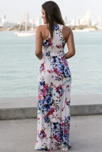 White Floral Print Sleeveless Long Boho Dress