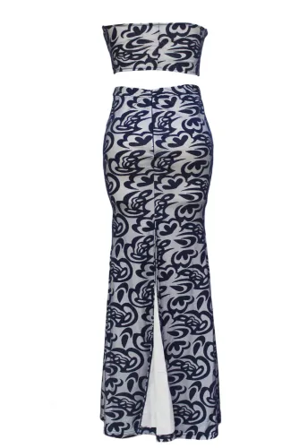 Blue Bandeau Paisley Print Nude Lining Skirt Set