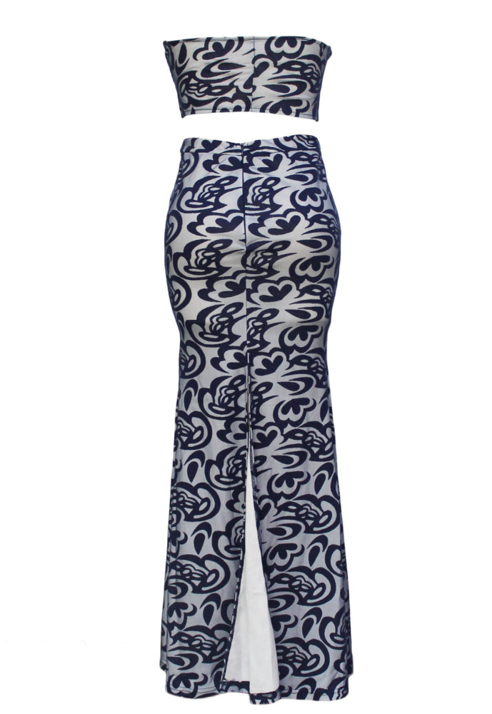 Blue Bandeau Paisley Print Nude Lining Skirt Set