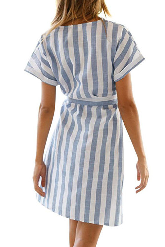 Sky Blue V Collar Short Sleeve Stripe Print Button Wrap Dress