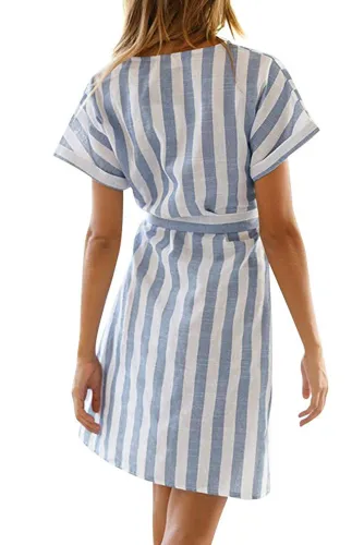 Sky Blue V Collar Short Sleeve Stripe Print Button Wrap Dress