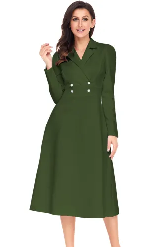 Army Green Vintage Button Collared Fit-and-flare Dress