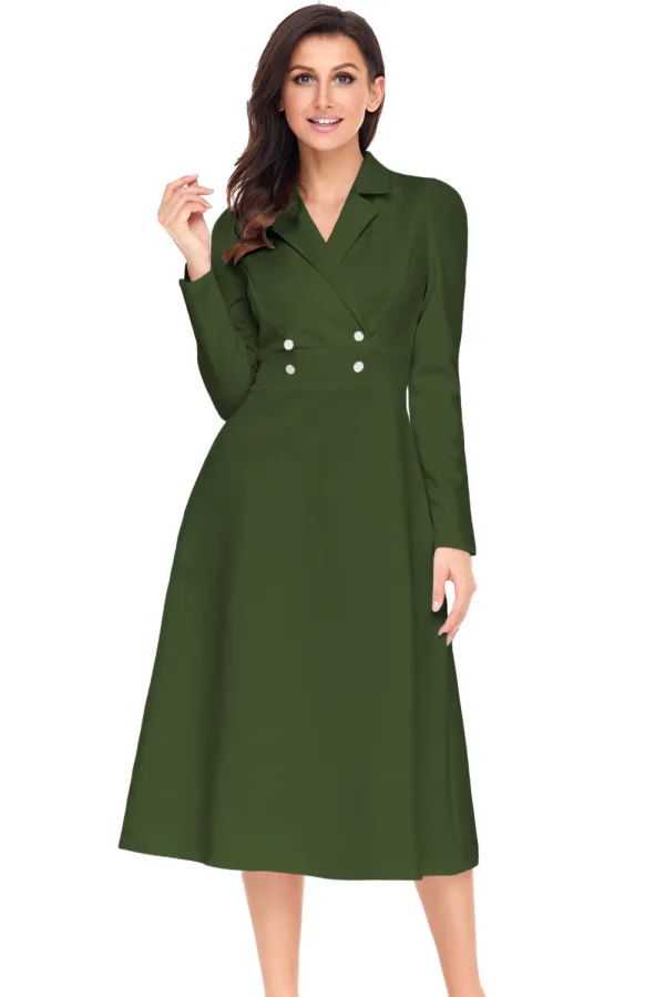 Army Green Vintage Button Collared Fit-and-flare Dress