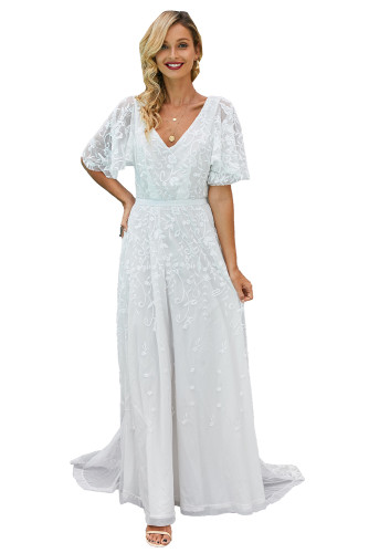 Boho V Neck Lantern Ruffle Sleeve Lace Wedding Dress