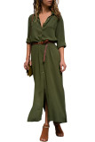 Army Green Slit Maxi Shirt Dress with Sash