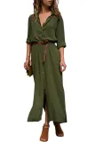 Army Green Slit Maxi Shirt Dress with Sash