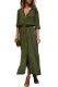 Army Green Slit Maxi Shirt Dress with Sash