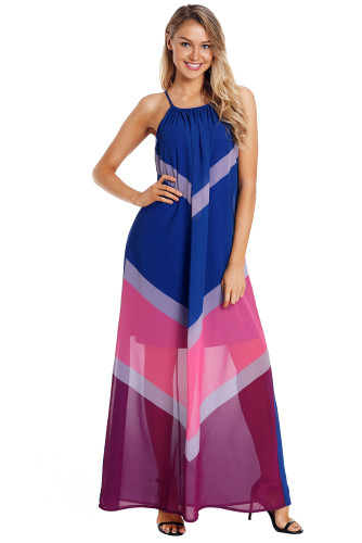 Blue Chevron Color Block Halter Neck Maxi Dress