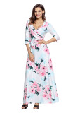 White Floral Print Wrapped Long Boho Dress
