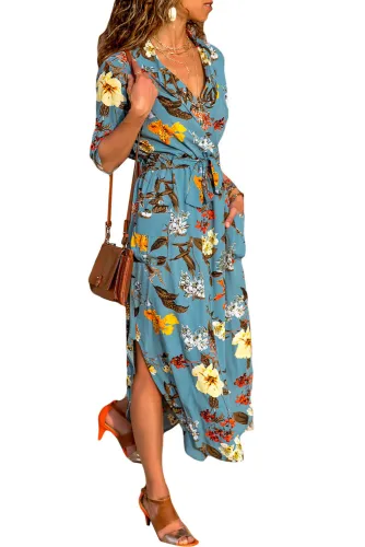 Blue Bohemian Floral Print Notch Lapel Belted Shirt Dress