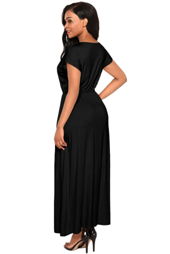 Black Crisscross V Neck Short Sleeve Maxi Jersey Dress