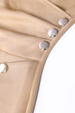 Asymmetric Button Detail Khaki Ruched Midi Dress