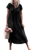 Black Solid Button Deep V-Neck Casual Dress