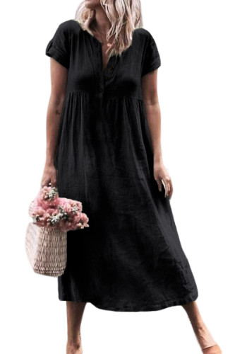 Black Solid Button Deep V-Neck Casual Dress